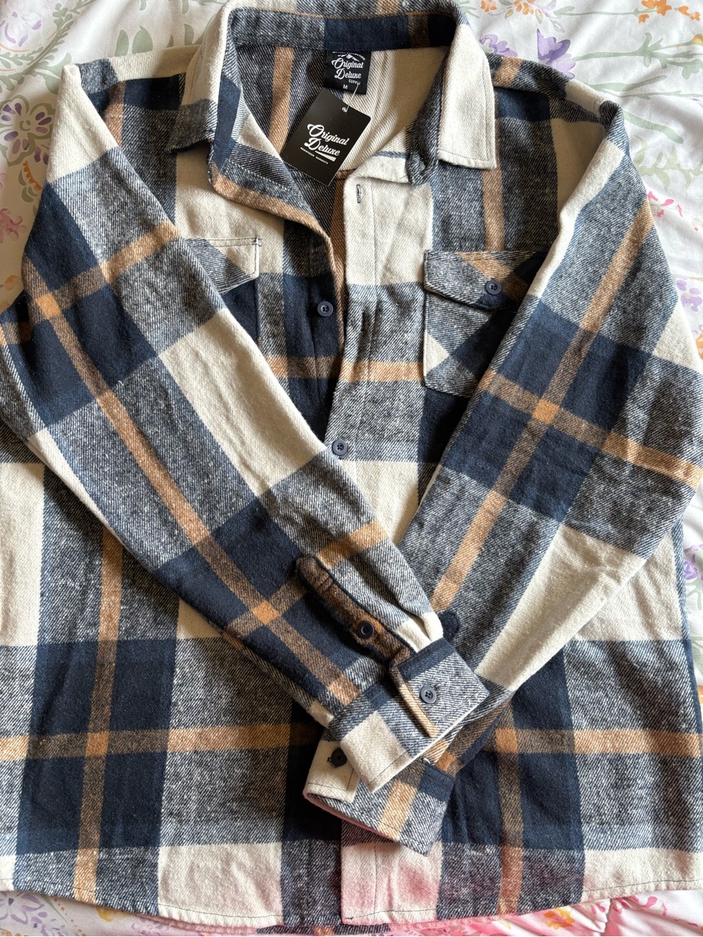 Original Deluxe Plaid Button-Front Shacket in Navy, Cream & Tan